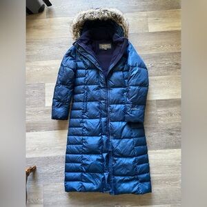 Eddie Bauer Blue Long Puffer Coat with Fur Hood